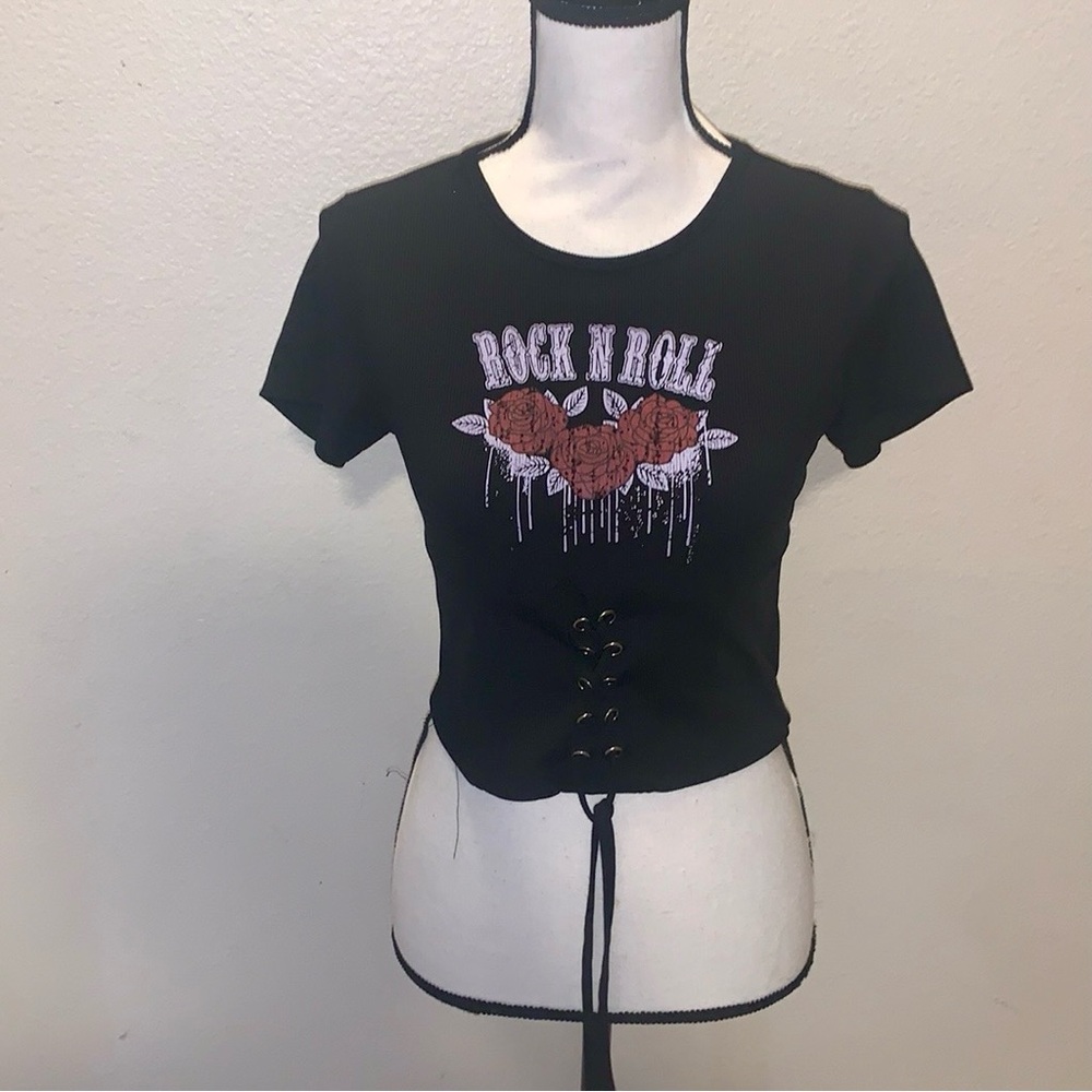 Posh Posh black Rock & Roll floral roses lace up crop top